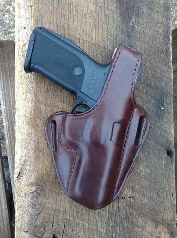 Thumbsnap leather holster for Ruger SR 9 compact pistol.